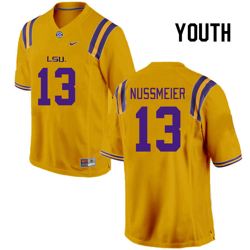 Youth #13 Garrett Nussmeier LSU Tigers College Football Jerseys Stitched-Gold